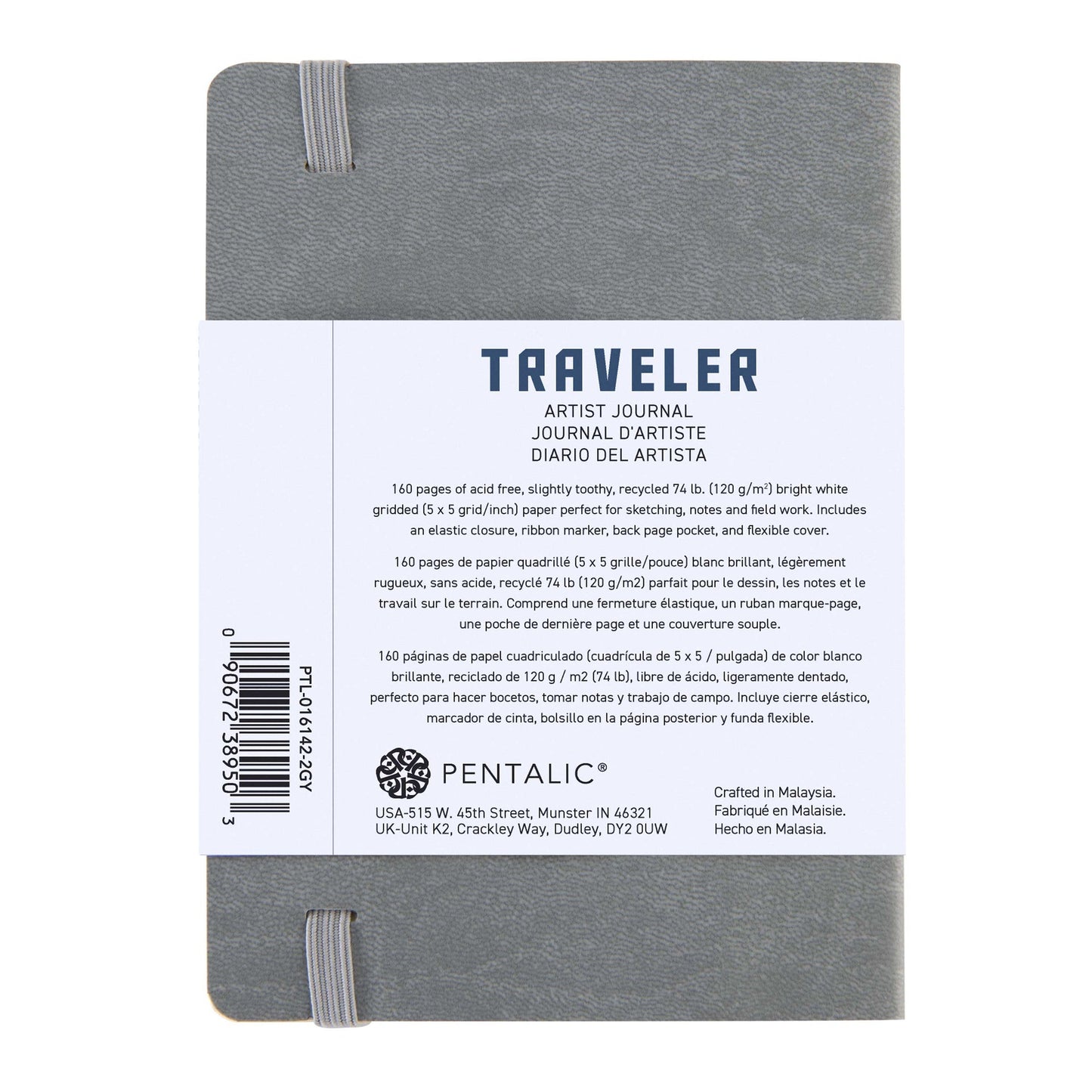 WAL-PTL-016142-2GY | Pentalic - 4"x 6" Gray Traveler Pocket Artist Journal, Drawing Sketchbook, 160 Pages, 74 lb. Grid Paper