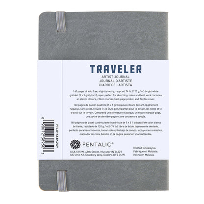WAL-PTL-016142-2GY | Pentalic - 4"x 6" Gray Traveler Pocket Artist Journal, Drawing Sketchbook, 160 Pages, 74 lb. Grid Paper