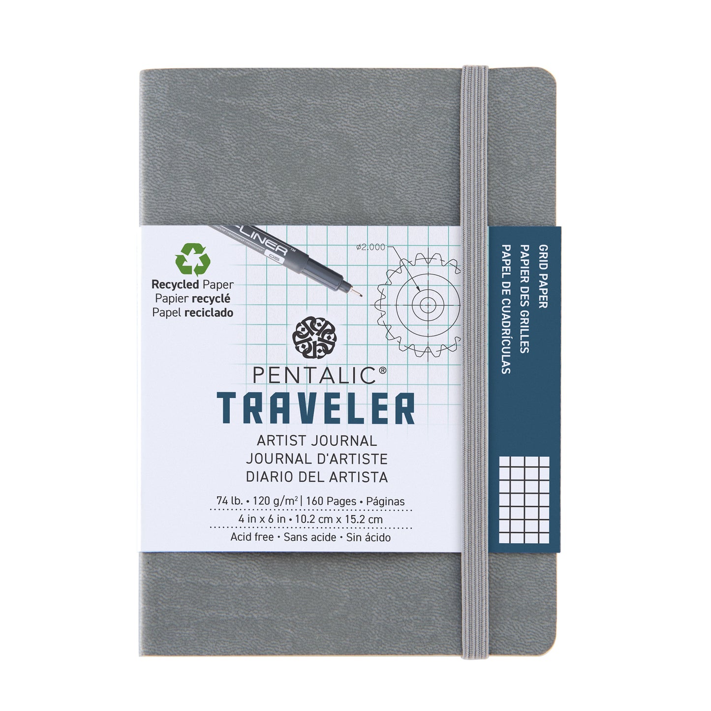 WAL-PTL-016142-2GY | Pentalic - 4"x 6" Gray Traveler Pocket Artist Journal, Drawing Sketchbook, 160 Pages, 74 lb. Grid Paper