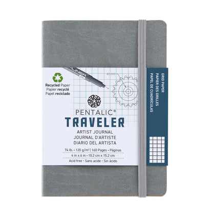 WAL-PTL-016142-2GY | Pentalic - 4"x 6" Gray Traveler Pocket Artist Journal, Drawing Sketchbook, 160 Pages, 74 lb. Grid Paper