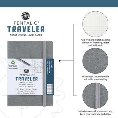 WAL-PTL-016142-2GY | Pentalic - 4"x 6" Gray Traveler Pocket Artist Journal, Drawing Sketchbook, 160 Pages, 74 lb. Grid Paper