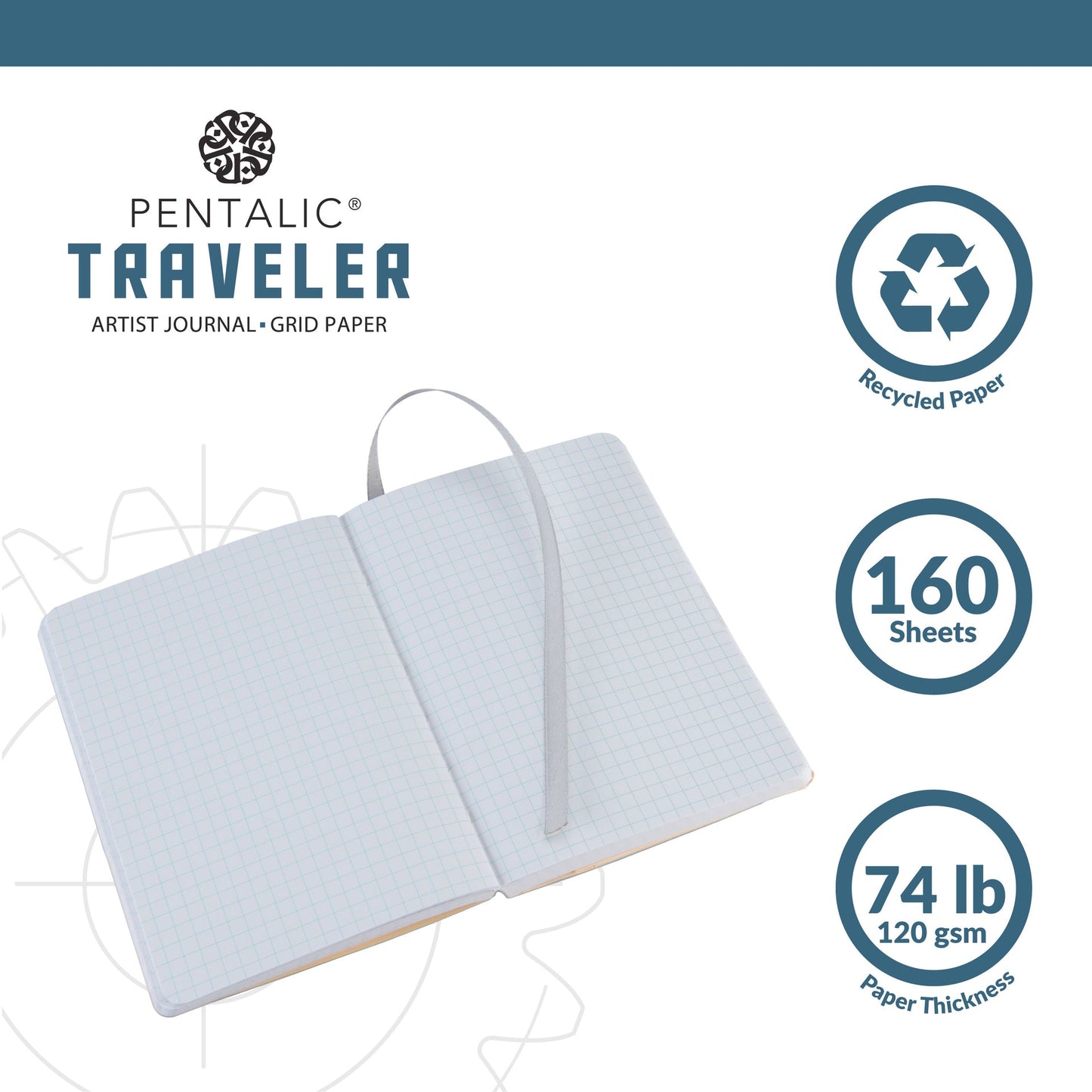WAL-PTL-016142-2GY | Pentalic - 4"x 6" Gray Traveler Pocket Artist Journal, Drawing Sketchbook, 160 Pages, 74 lb. Grid Paper