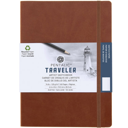 WAL-PTL-016163-2BR | Pentalic - 8" x 6" Brown Traveler Pocket Artist Drawing Journal, 160 Pages, 74 lb. Paper