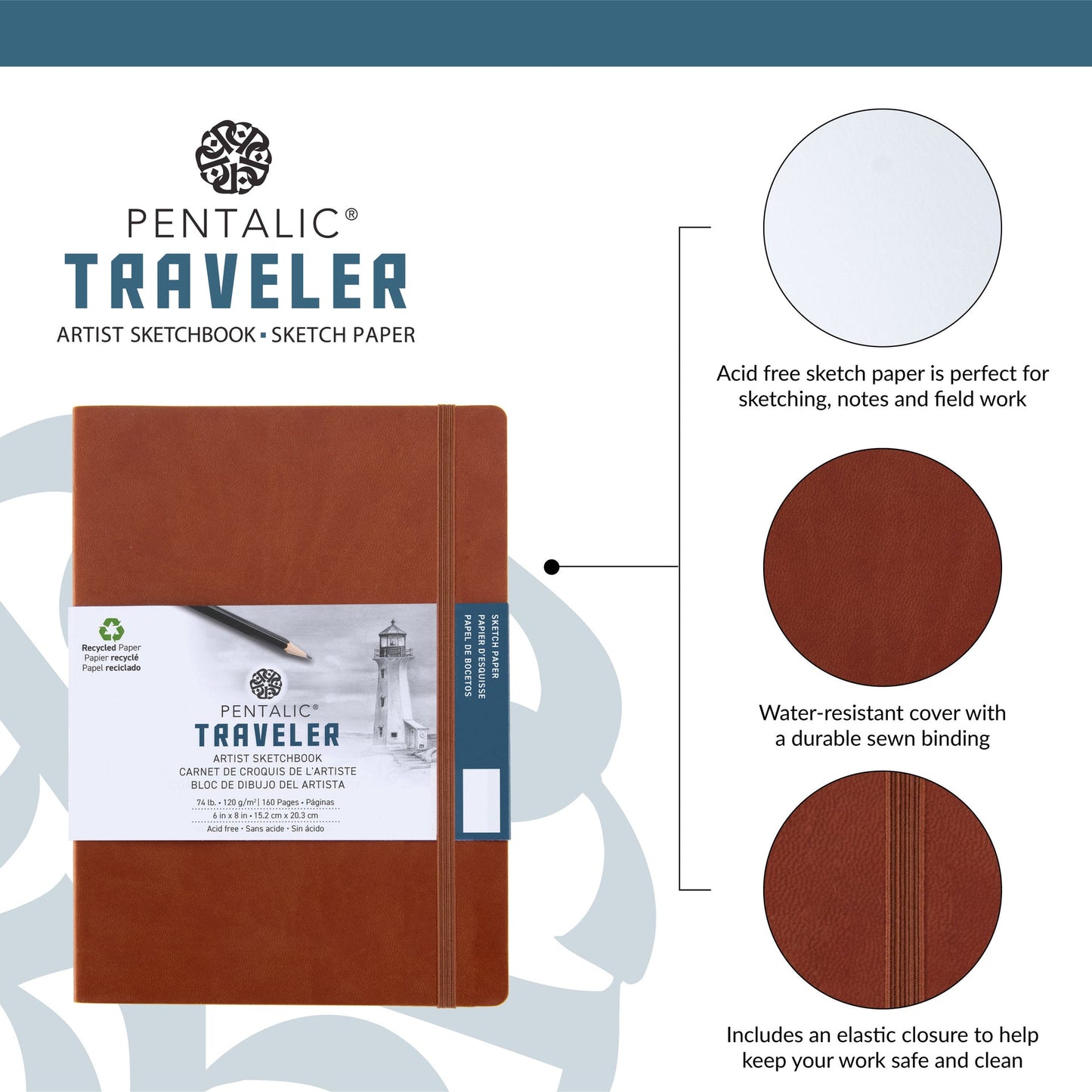 WAL-PTL-016163-2BR | Pentalic - 8" x 6" Brown Traveler Pocket Artist Drawing Journal, 160 Pages, 74 lb. Paper