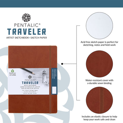 WAL-PTL-016163-2BR | Pentalic - 8" x 6" Brown Traveler Pocket Artist Drawing Journal, 160 Pages, 74 lb. Paper