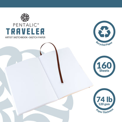 WAL-PTL-016163-2BR | Pentalic - 8" x 6" Brown Traveler Pocket Artist Drawing Journal, 160 Pages, 74 lb. Paper