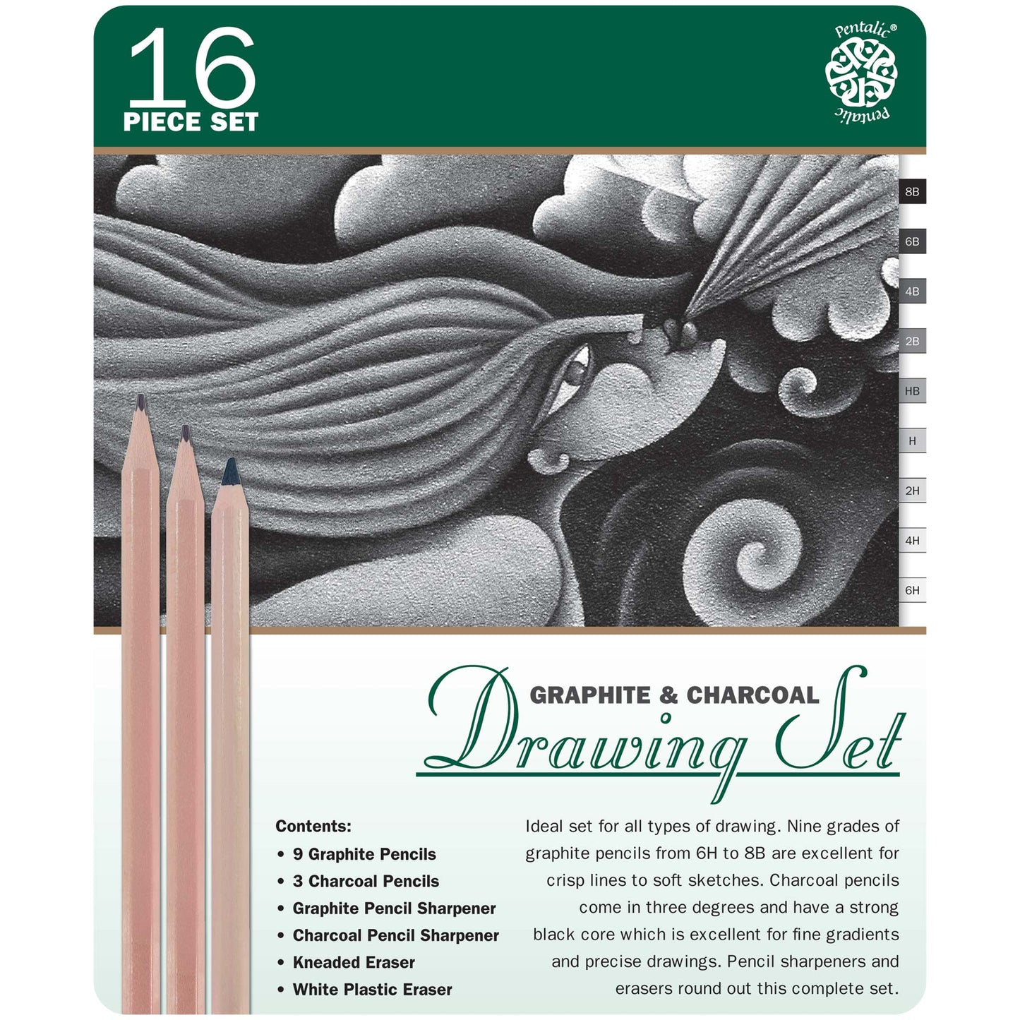 PTL-897016 | Graphite & Charcoal Drawing 16 Piece Tin Set